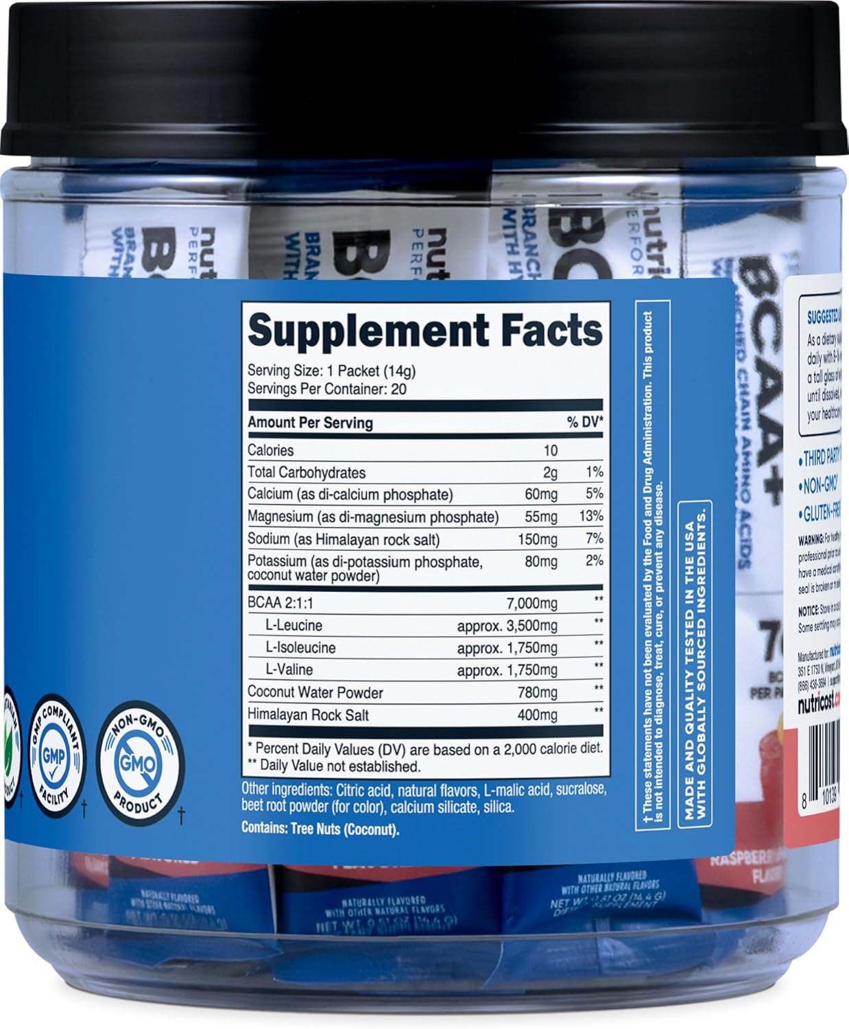 Nutricost BCAA+ Hydration Raspberry Lemonade (20 Stickpacks) - Branched Chain Amino Acids with Hydration Complex - Gluten-Free, Non-GMO : Health & Household