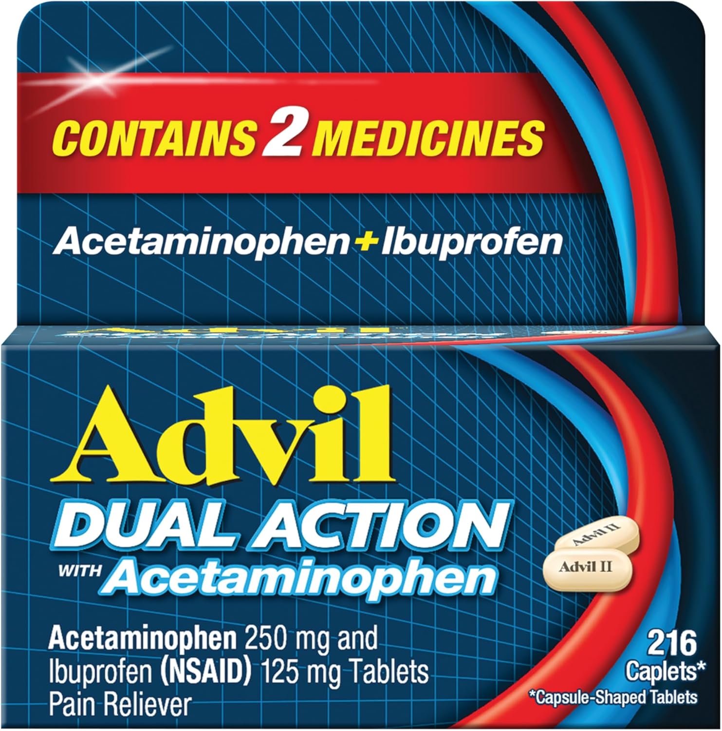 Advil Dual Action Coated Caplets With Acetaminophen, 250 Mg Ibuprofen And 500 Mg Acetaminophen Per Dose (2 Dose Equivalent) For 8 Hour Pain Relief - 216 Count