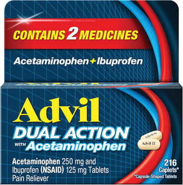 Advil Dual Action Coated Caplets With Acetaminophen, 250 Mg Ibuprofen And 500 Mg Acetaminophen Per Dose (2 Dose Equivalent) For 8 Hour Pain Relief - 216 Count