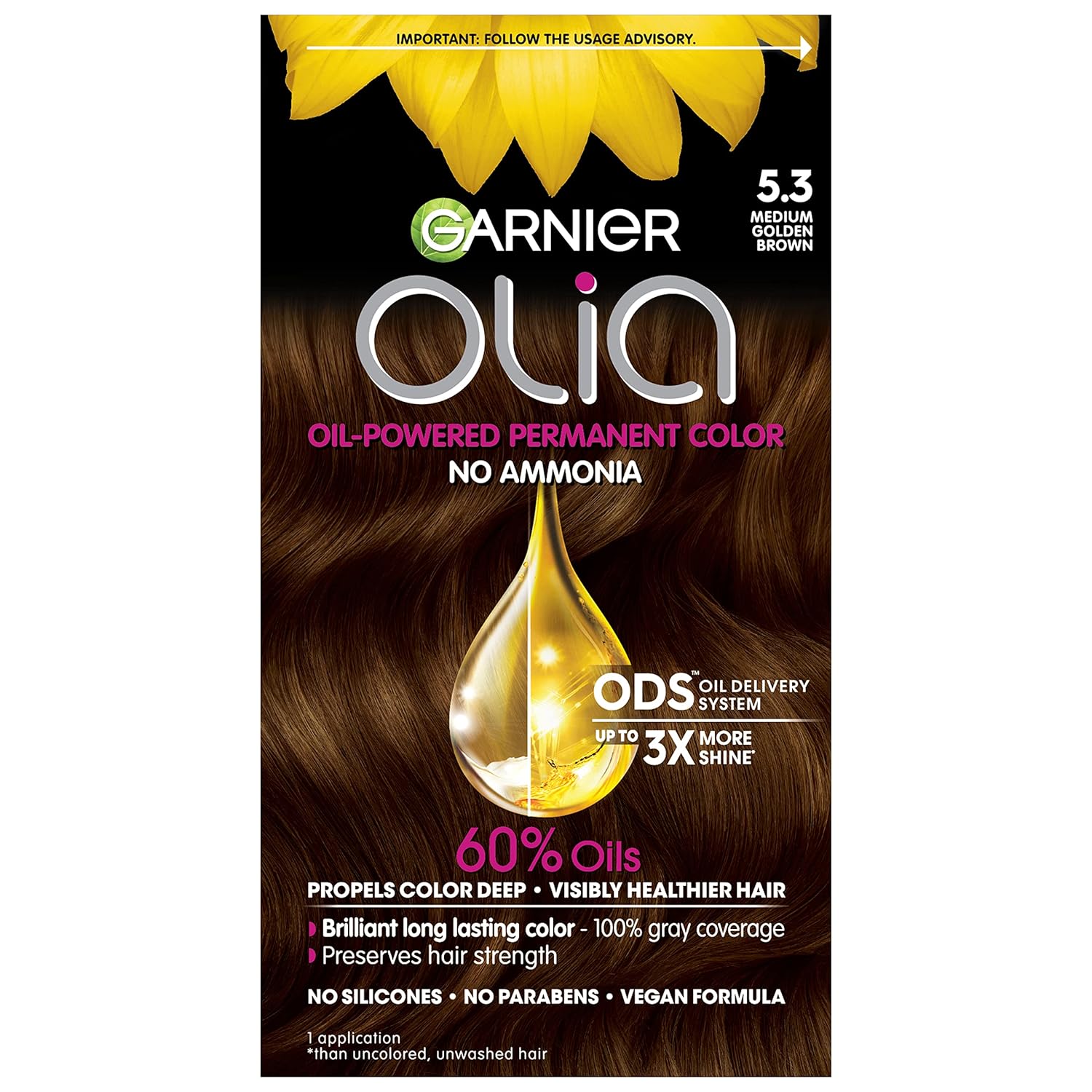 Garnier Hair Color Olia Ammonia-Free Brilliant Color Oil-Rich Permanent Hair Dye, 5.3 Medium Golden Brown, 2 Count (Packaging May Vary)