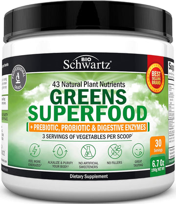 Super Greens Powder Superfood - Greens Powder With Probiotics Prebiotics Digestive Enzymes And 43 Green Superfoods - Chlorophyll Bilberry Chlorella Spirulina Grass - Tastes Amazing - 30 Servings