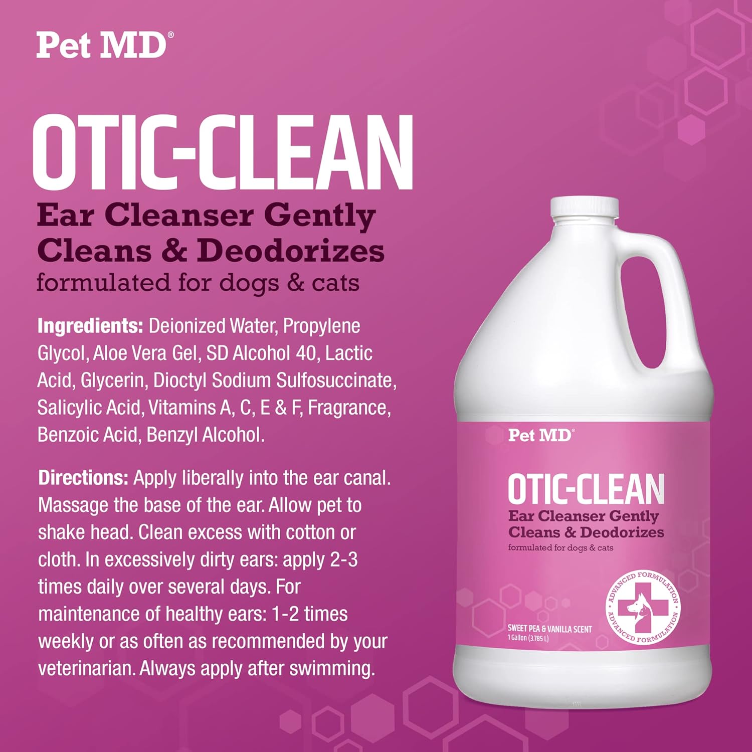 Pet MD Otic-Clean Dog Ear Cleaner - Veterinarian-Formulated Otic Ear Solution for Dogs & Cats - Pet Ear Cleaner for Itch, Odor, & Wax Buildup - Deodorizing Cat Ear Cleaner Solution - 1 Gallon : Pet Supplies
