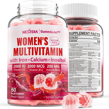 Sugar-Free Methylated Multivitamin for Women Gummies w/Algae Calcium, Vitamin A, C, D3, E, K, B12, Iron, Folate, Biotin, Inositol - Multi Vitamins & Minerals for Skin, Hair, Energy, Immune, Bone Vegan