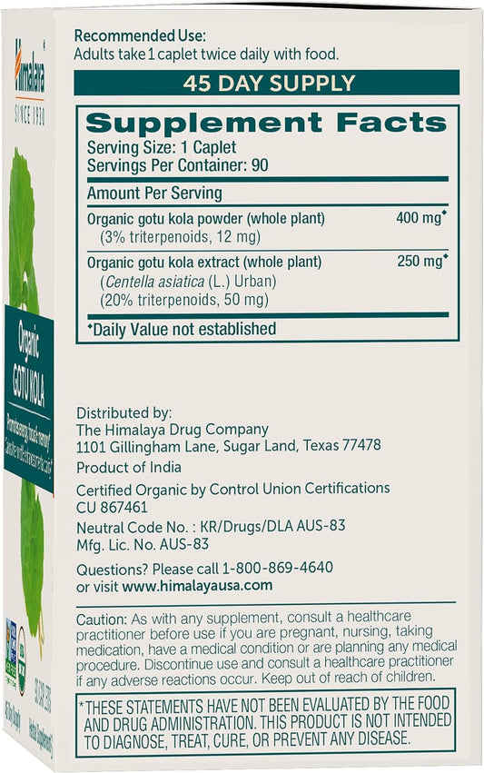 Himalaya Organic Gotu Kola, Herbal Supplement For Energy, Focus, Memory, Alertness, Concentration, Calms The Mind, Cognitive Support, Non-Gmo, Usda Organic, 90 Plant-Based Caplets, 45 Day Supply