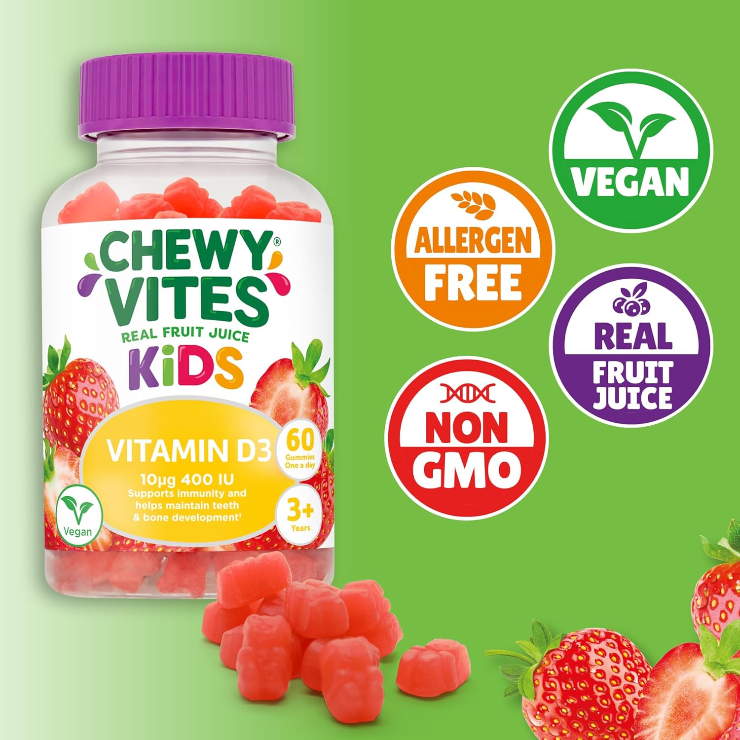 Chewy Vites Kids High Strength VIT D3, 60 Kids Vitamin D Gummies, 10 mcg 400 IU Vitamin D3, 2 Months Supply, Vegan, Real Fruit Juice, Age 3 +, Strawberry Flavour (Pack of 2) : Amazon.co.uk: Health & Personal Care