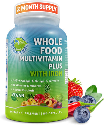 Vegan Whole Food Multivitamin with Iron, Daily Multivitamin for Women and Men, Made with Fruits & Vegetables, B-Complex, Probiotics, Enzymes, CoQ10, Omegas, Turmeric, Non-GMO