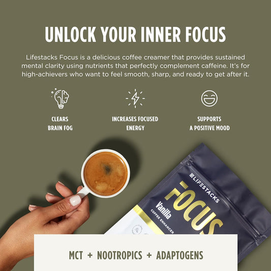 Lifestacks Focus Coffee Creamer For Energy & Clarity - Mct Powder + Nootropics + Adaptogens - Boost Productivity Without Jitters Or Crash - Keto, Vegan, 0 Sugar - With Taurine, L-Tyrosine, Rhodiola