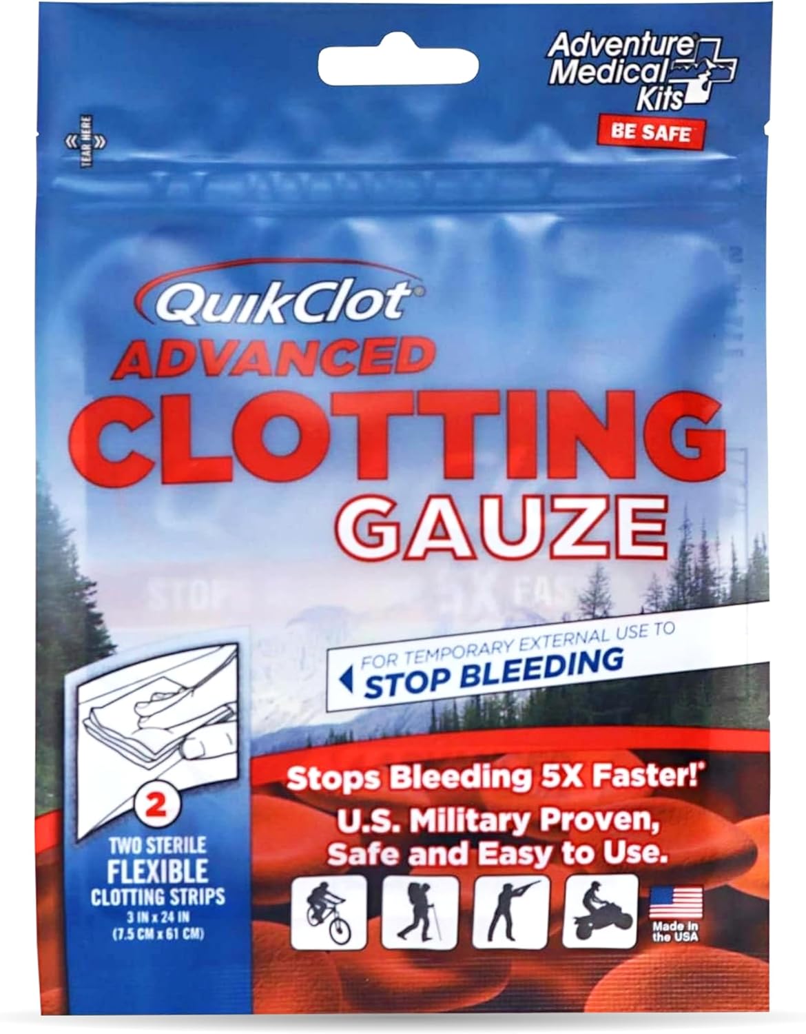 Adventure Medical Kits Quikclot Gauze - Gauze For Emergency Survival Kit, Doomsday Prepping Supplies & More - Stops Bleeding Fast With Kaolin - Flexible Hemostatic Medical Gauze - 3" X 24" (2 Strips)