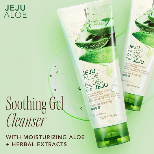 The Face Shop Jeju Aloe Fresh Soothing Foam Cleanser - Brightening, Hydrating, Moisturizing Face Wash With Green Tea, Aloe Vera, Rosemary & Chamomile - Korean Skin Care Facial Cleanser