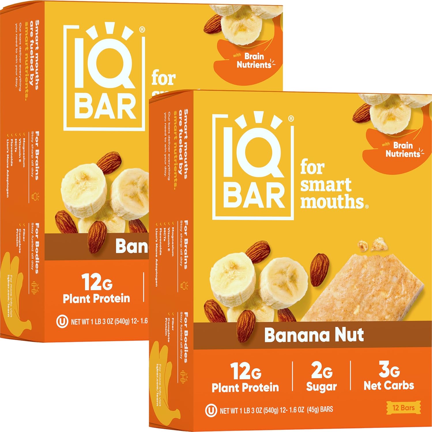 Iqbar Brain And Body Plant Protein Bars - Banana Nut - 24 Count, Low Carb, High Fiber, Gluten Free, Vegan Snacks - Low Sugar Keto Energy Bar Pack