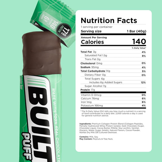 Built Protein Bars, Mint Chip Puff, 12 Bars, Protein Snacks With 17G Of High Protein, Collagen, Gluten Free Chocolate Protein Bar With Only 140 Calories & 6G Sugar, Perfect On The Go Protein Snack