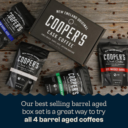 Bourbon & Whiskey Barrel Aged Coffee - 4-Bag Roasted Coffee Beans Set - Single Origin Bourbon Colombian, Malt Whiskey Sumatra, Rye Whiskey Ethiopian, Rum Barrel Rwanda, (Ground, 4 Ounce (Pack Of 4))