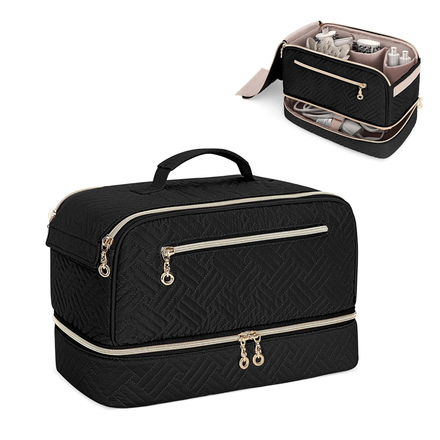 Teamoy Travel Carrying Case Compatible With Shark Flexstyle, Double-Layer Storage Bag For Shark Hyperair, Portable Travel Organizer For Dyson Airwrap Styler And Attachments, Black Quilted