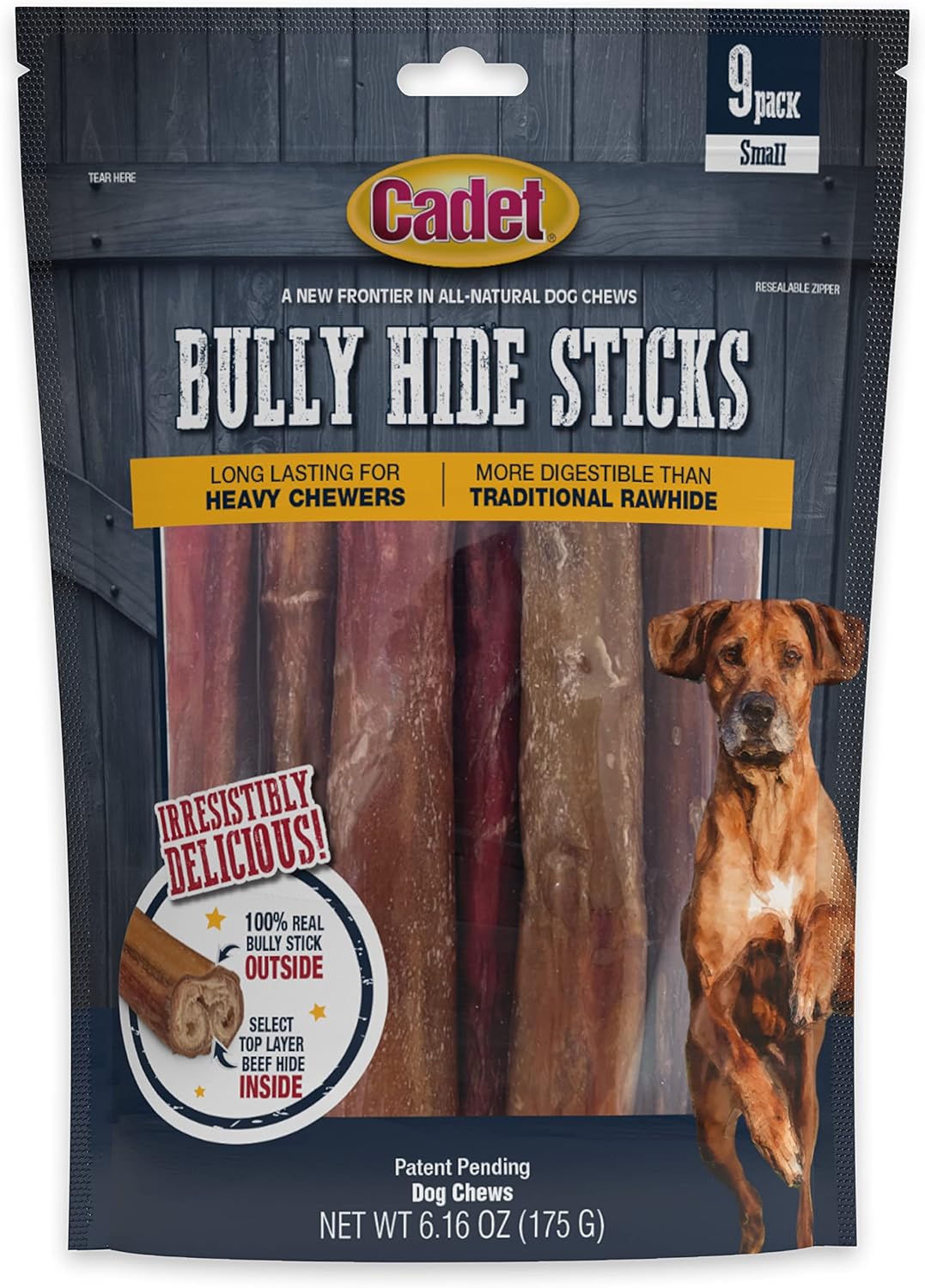 Cadet Bully Hide Sticks For Small Dogs – All-Natural Beef Pizzle, High Protein, Low Fat, Long-Lasting, Grain & Rawhide-Free Dog Chews For Aggressive Chewers, Small (9 Count)