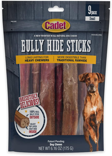 Cadet Bully Hide Sticks For Small Dogs – All-Natural Beef Pizzle, High Protein, Low Fat, Long-Lasting, Grain & Rawhide-Free Dog Chews For Aggressive Chewers, Small (9 Count)