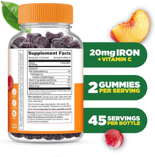 Lifeable Iron Gummies | 20Mg | With Vitamin C | Great Tasting Blood Builder Iron Supplement | Iron With Vitamin C For Iron Deficiency | Iron Gummies For Women, Men, Adults | 90 Gummies