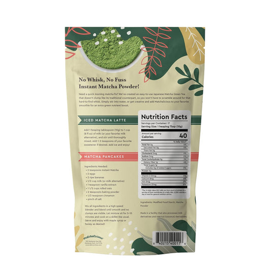 Matchalicious Japanese Matcha Powder, Unsweetened Green Tea Powder Vegan, Gluten Free, 0G Sugar, For Baking, Lattes, Smoothies, And Matcha Tea, Just Add Water, Dissolves Easily, 17 Servings, 6 Oz