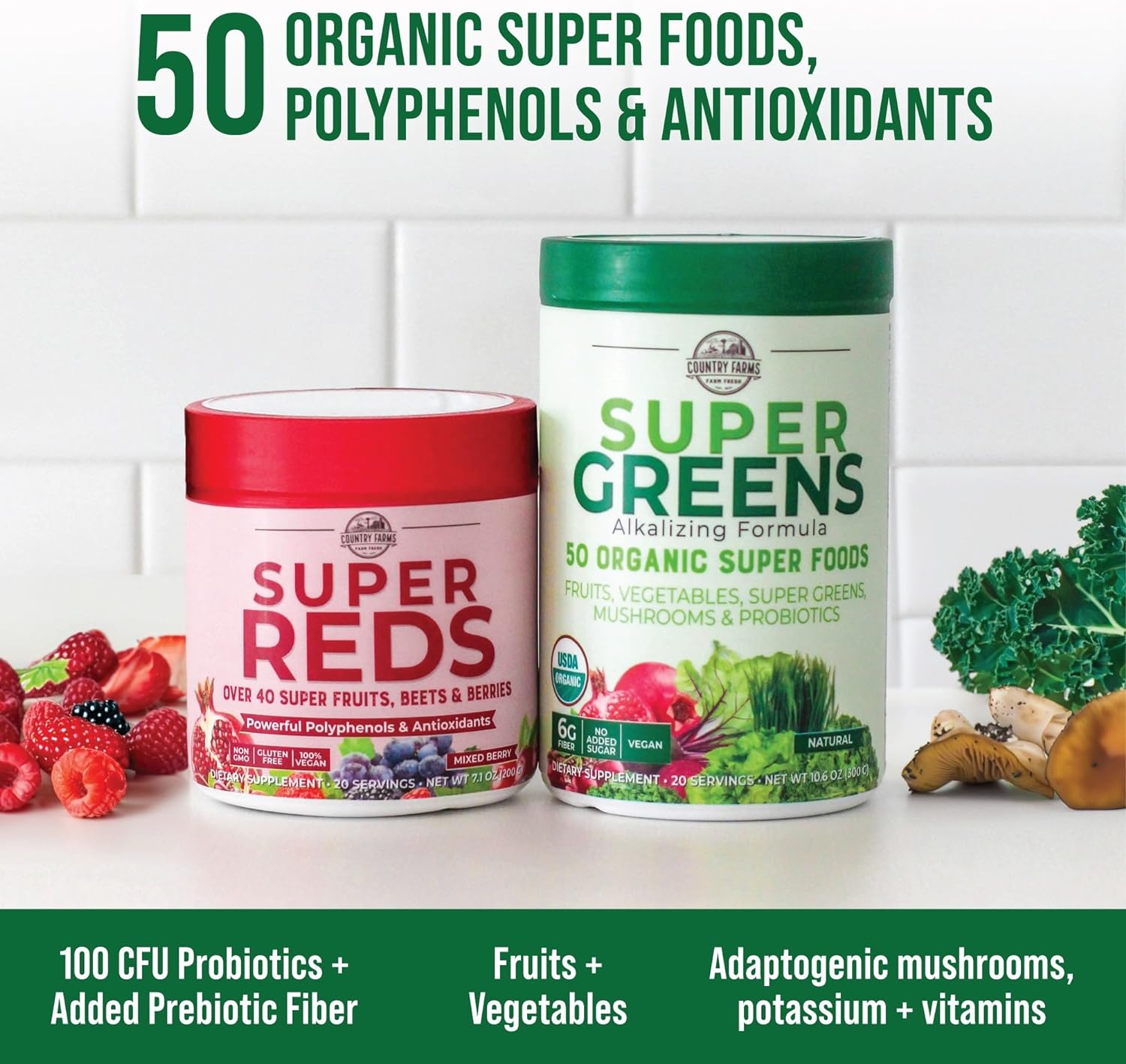 COUNTRY FARMS Essential Pack, Super Greens + Super Reds, Packed with 5