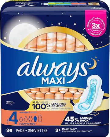 Always Maxi Unscented Pads with Wings, Overnight, 36 Count (Pack of 2)