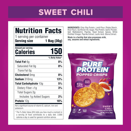 Pure Protein Popped Crisps, Sweet Chili, High Protein Snack, 12G Protein, 1.27Oz., 12 Count