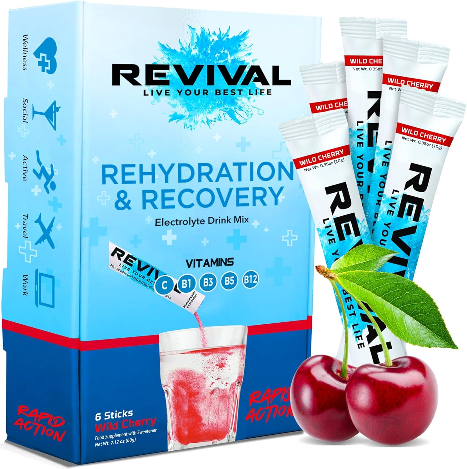 Revival Rapid Rehydration Electrolytes Powder - High Strength Vitamin C, B1, B3, B5, B12 Supplement Sachet Drink, Effervescent Electrolyte Hydration Tablets - 6 Pack Summer Fruits