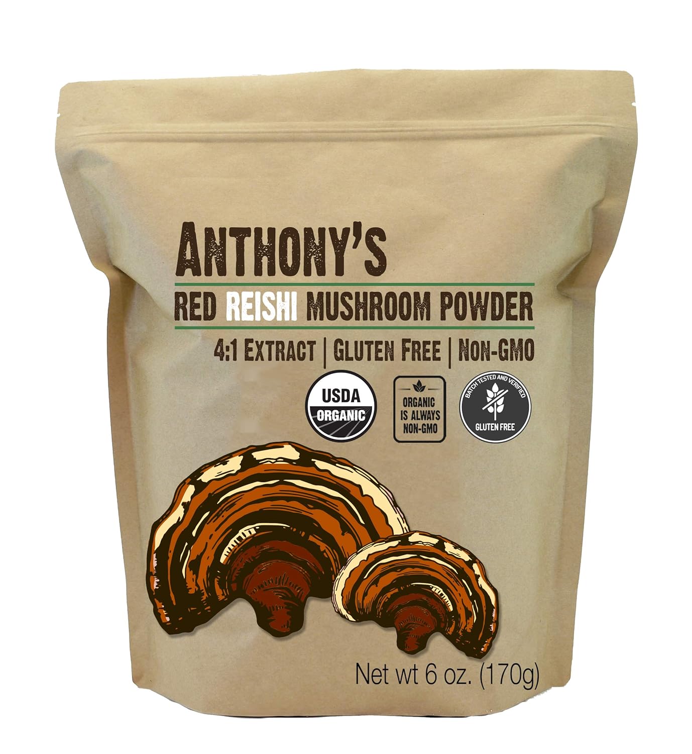 Anthony'S Organic Red Reishi Mushroom Extract Powder, 6 Oz, 4To1 Extract, Gluten Free, Non Gmo