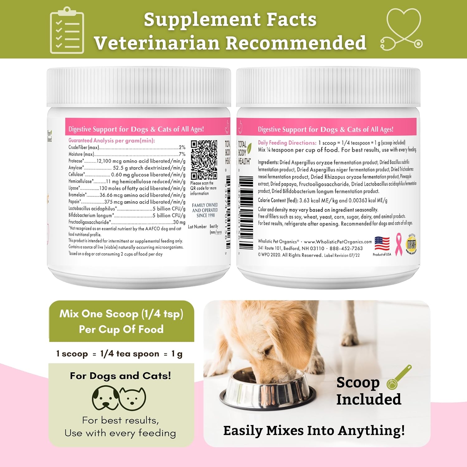 Wholistic Pet Organics: Dog Probiotics and Digestive Enzymes Powder - 4 oz - Dog Digestive Support Supplement Prevents Upset Stomach Gut Health - Digest All Probiotics for Dogs and Cats Stool : Pet Probiotic Nutritional Supplements : Pet Supplies