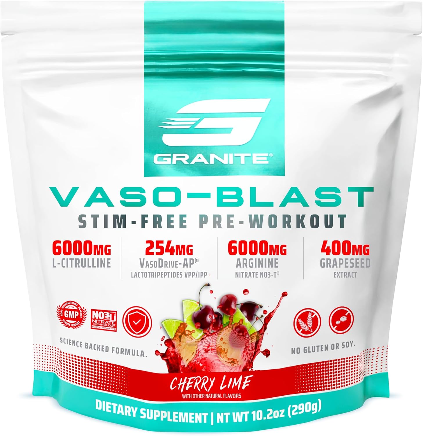 Granite Supplements Vaso Blast, Cherry Lime Flavor, Stimulant-Free Pre Workout For Men & Women With Grapeseed Extract, Arginine Nitrite, & Vasodrive-Ap For Max Pump (20 Servings)