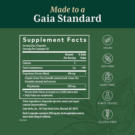 Gaia PRO Green Tea - Green Tea Herbal Supplement - with Organic Green Tea Leaf and Extract - 60 Vegan Liq Phyto-Capsules (30 Servings)