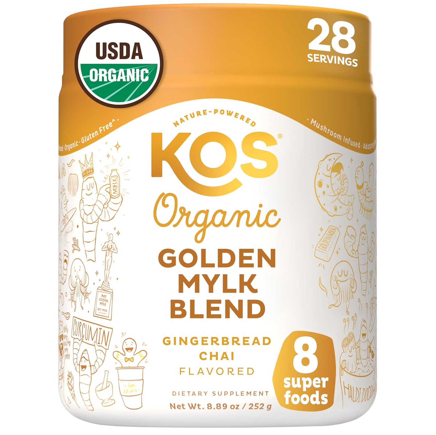 KOS Golden Milk Powder, USDA Organic Superfoods - Instant Turmeric and Ginger Latte with Mushroom Blend - Coffee Creamer, Dessert & Smoothie - Vegan, Dairy-Free, Gingerbread Chai Flavored, 28 Servings