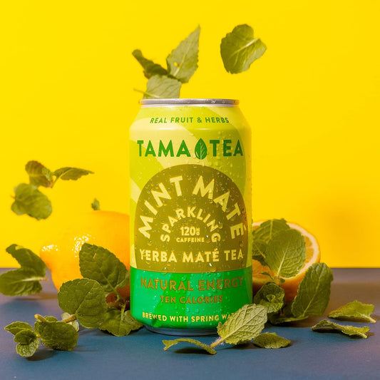 Sparkling Mint Yerba Mate By Tama Tea - Unsweetened Natural Energy Drink With Real Fruit & Herbs - Healthy Caffeine Drink Alternative - 120Mg Of Brain-Boosting Caffeine, 10 Calories - 12Oz Pack Of 12