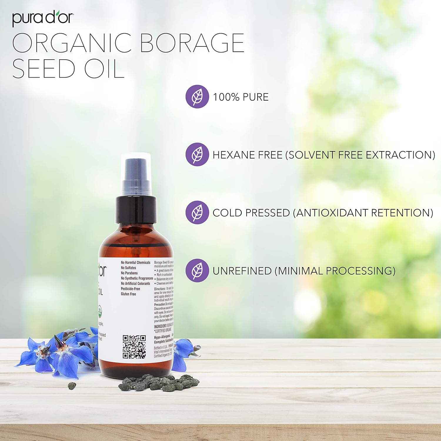 PURA D'OR Organic Borage Seed Oil (4oz / 118mL) 100% Pure USDA Certified Premium Grade Natural Moisturizer, Cold Pressed, Unrefined, Hexane-Free Base Carrier Oil for DIY Skin Care For Men & Women : Beauty & Personal Care