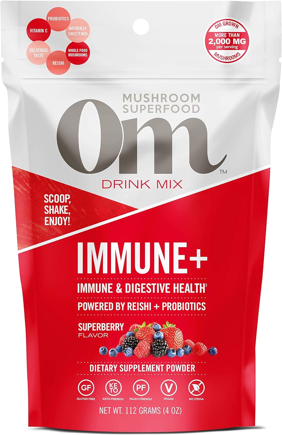 Om Mushroom Superfood Immune Plus Mushroom Powder Drink Mix, Superberry, 4 , 18 Servings, Mushroom Blend, Reishi, Turkey Tail, Agaricus blazei, Vitamin C & Probiotics, Immune Support Supplement