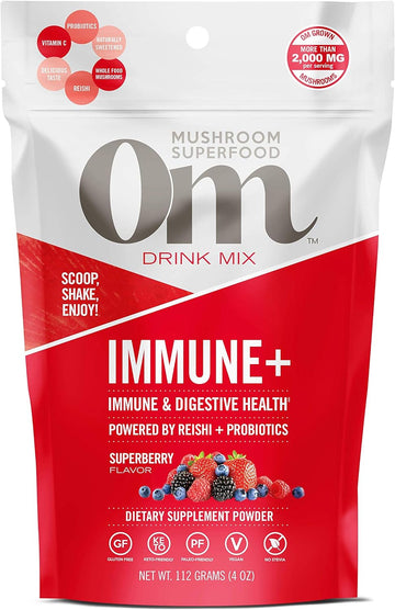 Om Mushroom Superfood Immune Plus Mushroom Powder Drink Mix, Superberry, 4 , 18 Servings, Mushroom Blend, Reishi, Turkey Tail, Agaricus blazei, Vitamin C & Probiotics, Immune Support Supplement