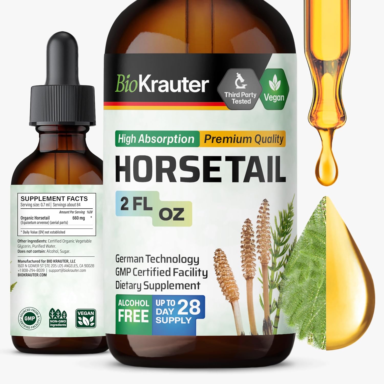 Bio Krauter Horsetail Tincture - Horsetail Herb For Hair Support - Pure Ingredients - Alcohol And Sugar Free Vegan Drops 2 Fl.Oz