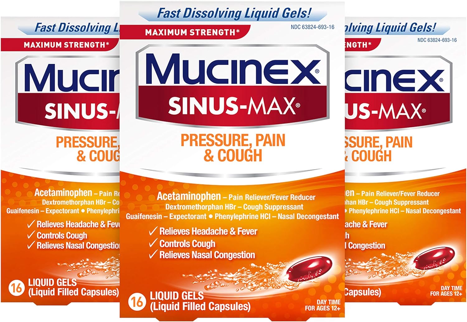 Mucinex Sinus-Max Maximum Strength Pressure, Pain & Cough, Sinus Symptom Relief, Pain Reliever, Cough Suppressant, Expectorant and Nasal Decongestant, 16 Liquid Gels (Pack of 3)