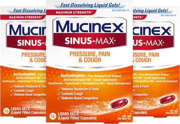 Mucinex Sinus-Max Maximum Strength Pressure, Pain & Cough, Sinus Symptom Relief, Pain Reliever, Cough Suppressant, Expectorant and Nasal Decongestant, 16 Liquid Gels (Pack of 3)