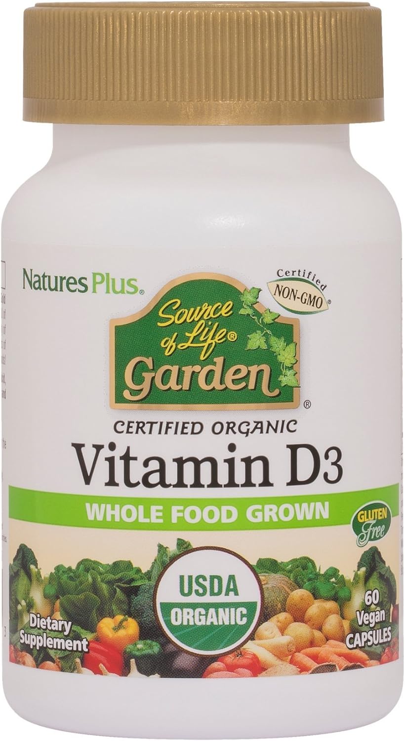 Natures Plus Source of Life Garden Certified Organic Vitamin D3 - Cholecalciferol 5000 iu, 60 Vegan Capsules - Whole Food Plant-Based Supplement - Vegetarian, Gluten-Free - 30 Servings