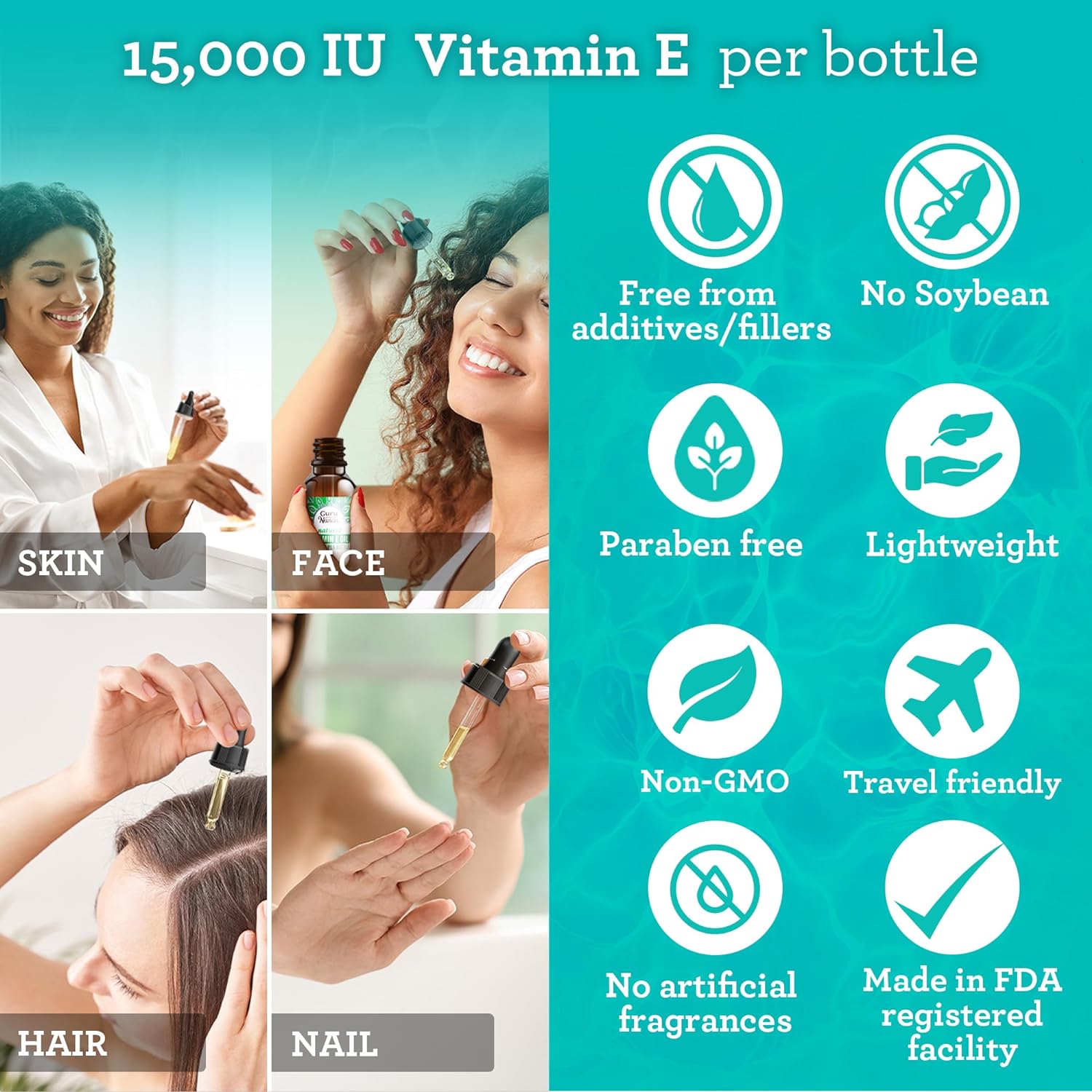 GuruNanda Vitamin E Oil (2 Fl Oz) - 100% Pure & Natural, 15,000 IU per Bottle for Skin, Hair, Face, Nails & Scars - With Coconut Oil to Help Nourish & Moisture - Non-GMO, Vegan & No Soybean : Beauty & Personal Care