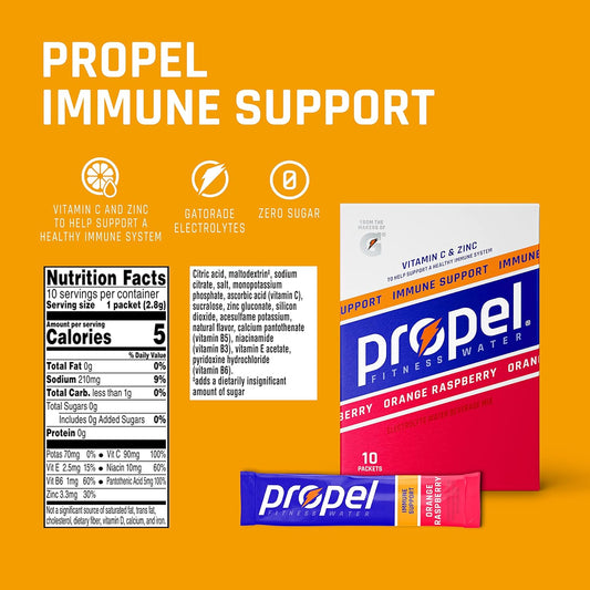 Propel Immune Support With Vitamin C + Zinc Powder Packets, Orange Raspberry,10 Count (Pack Of 12)