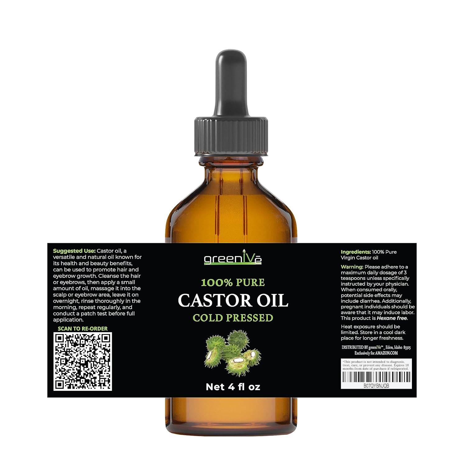 Greenive Castor Oil Organically Grown 100% Pure 4 Fl Oz Bottle Cold Pressed, Hexane Free, Eyelash And Eyebrow Growth Serum, Skin Moisturizer Detox And Wraps : Beauty & Personal Care
