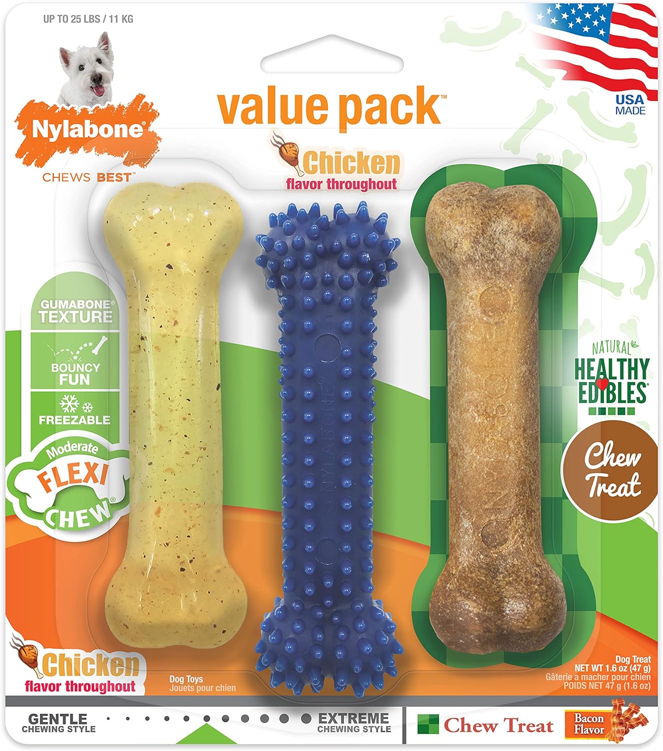 Nylabone Flexi Chew Moderate Dog Chew Toy Bones & Healthy Edibles Chew Treat Triple Pack, Chicken & Bacon, Small/Regular (3 Count)