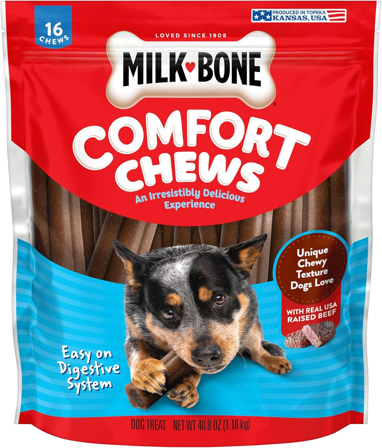 Milk-Bone Comfort Chews, Rawhide Free Dog Treats With Unique Chewy Texture And Real Beef, 16 Chews, Easy On Digestive System