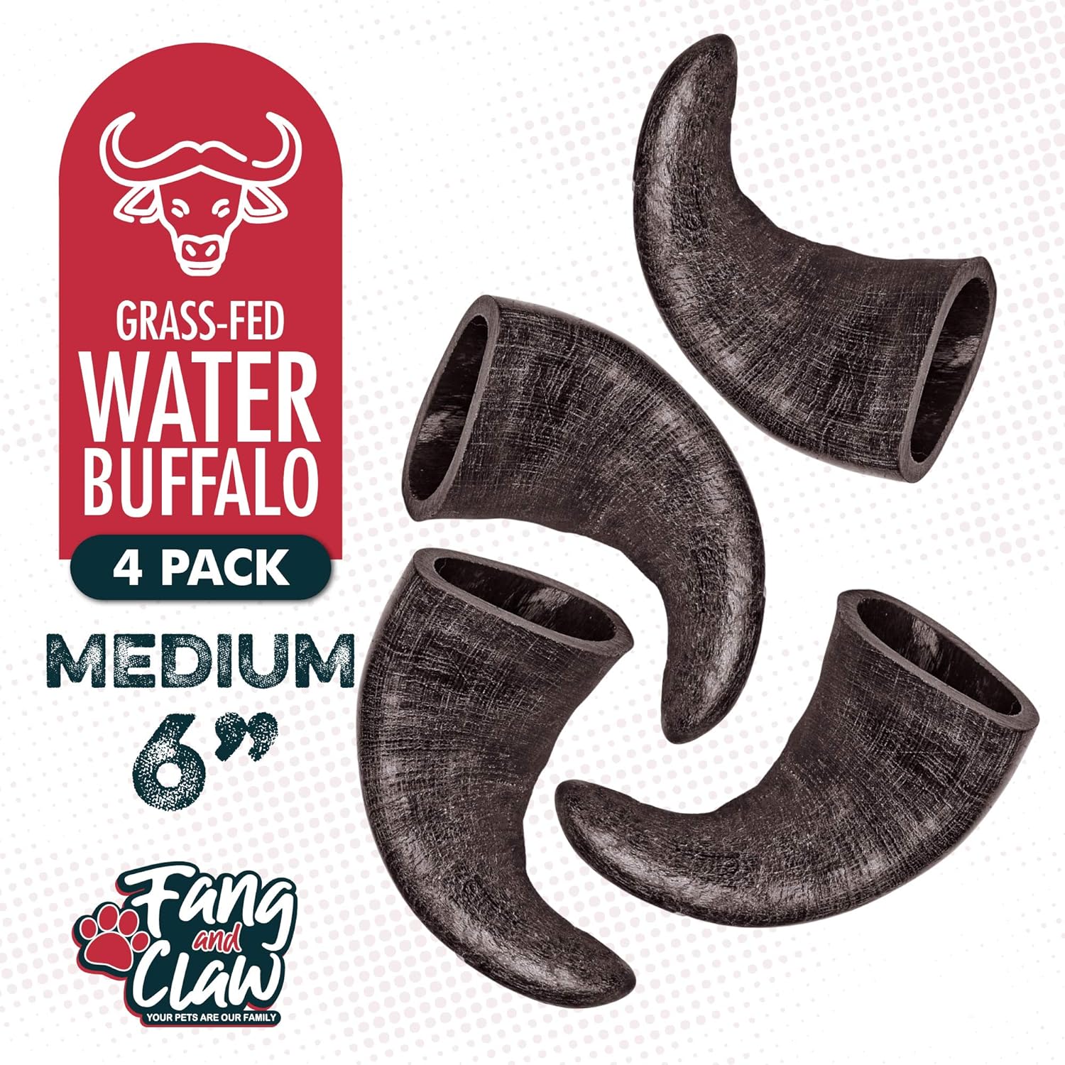 Water Buffalo Horn Dog Chew 4 Pack - Medium 6" - All Natural Free Range Grass Fed Single Source Protein - No Chemicals, Additives, Hormones - Long Lasting, Good for Aggressive Chewers – by Fang & Claw : Pet Supplies