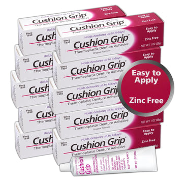 Cushion Grip Thermoplastic Denture Adhesive, 1 Oz - Secure Loose-Fitting Upper And Lower Dentures And Partials | Non-Glue Adhesive, Acts Like A Soft Reliner (Pack Of 10)