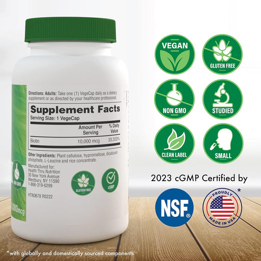 Health Thru Nutrition Biotin 10,000Mcg Vegan | Vitamin B7 | Hair, Skin, Nail Support & Keratin Production| Non-Gmo, Soy-Free, Gluten-Free, Hypoallergenic (Pack Of 100)