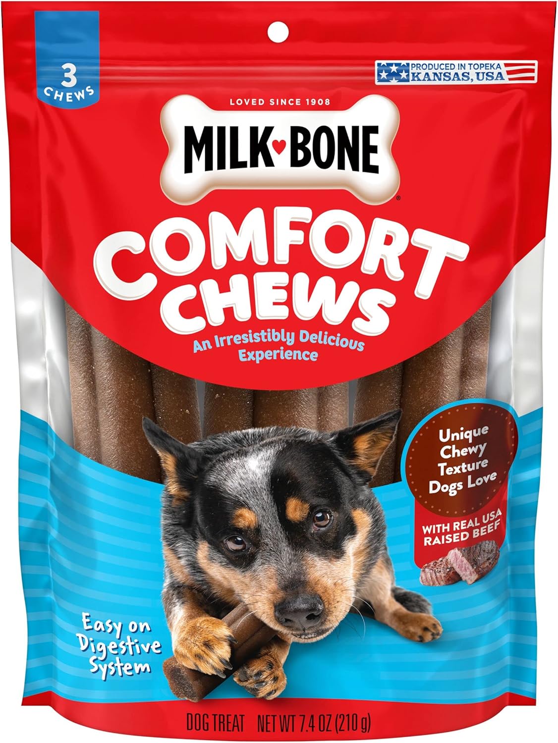 Milk-Bone Comfort Chews, Rawhide Free Dog Treats With Unique Chewy Texture And Real Beef, 3 Chews (Pack Of 5), Easy On Digestive System
