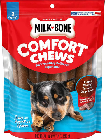 Milk-Bone Comfort Chews, Rawhide Free Dog Treats With Unique Chewy Texture And Real Beef, 3 Chews (Pack Of 5), Easy On Digestive System