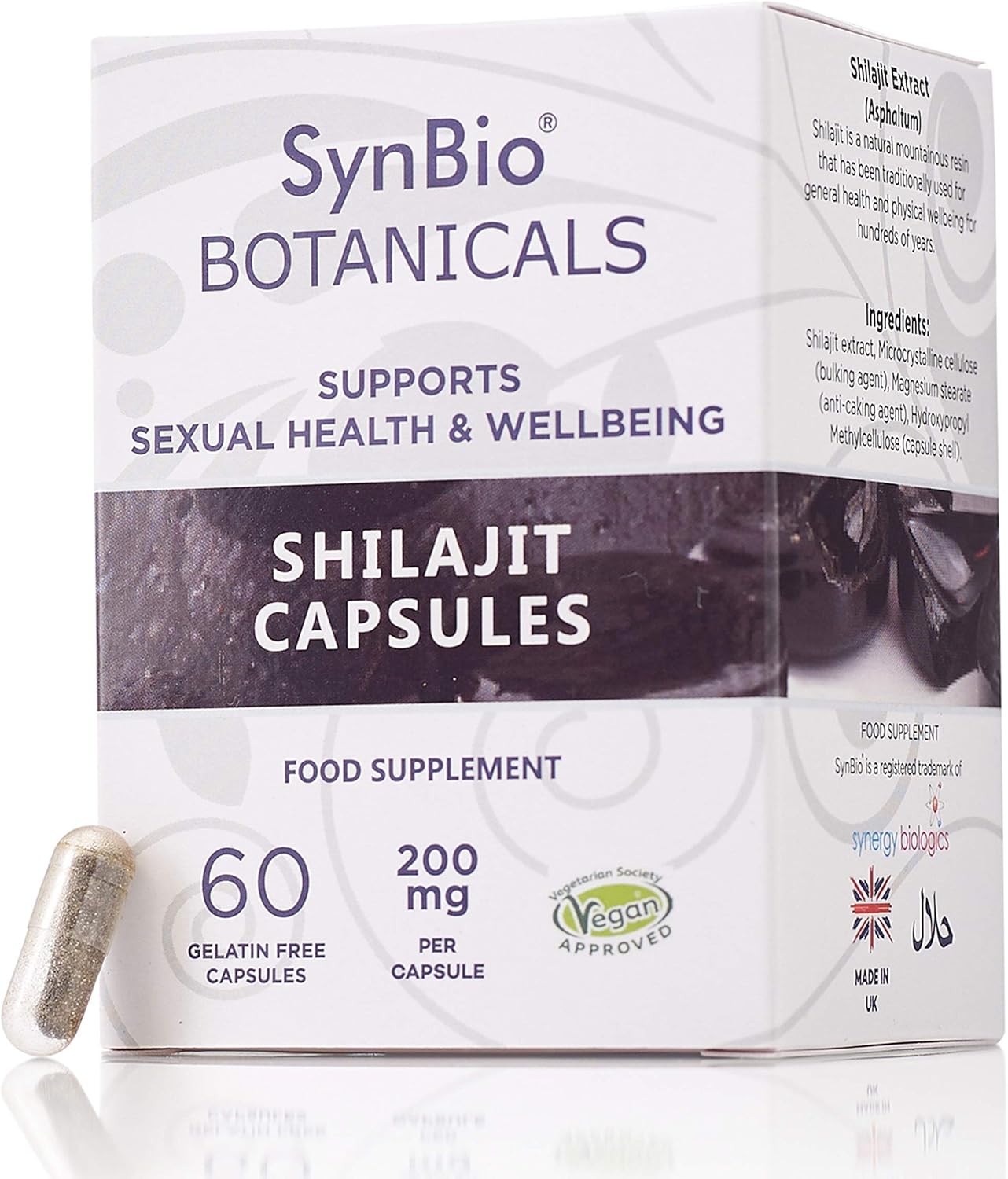 Synbio Botanicals - Shilajit Extract 200Mg | 30 Vegan Capsules | Free From Dairy, Gelatine, Gluten, Nut/Peanuts, Salt, | Kosher & Halal | Supports Sexual Health & Overall Wellbeing