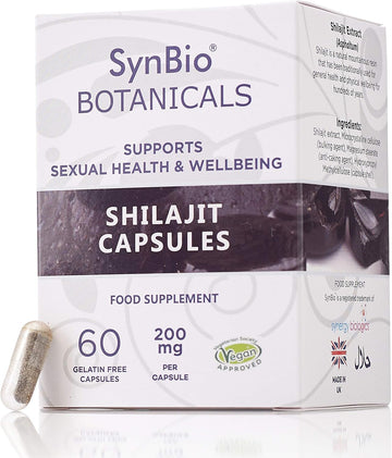 Synbio Botanicals - Shilajit Extract 200Mg | 30 Vegan Capsules | Free From Dairy, Gelatine, Gluten, Nut/Peanuts, Salt, | Kosher & Halal | Supports Sexual Health & Overall Wellbeing